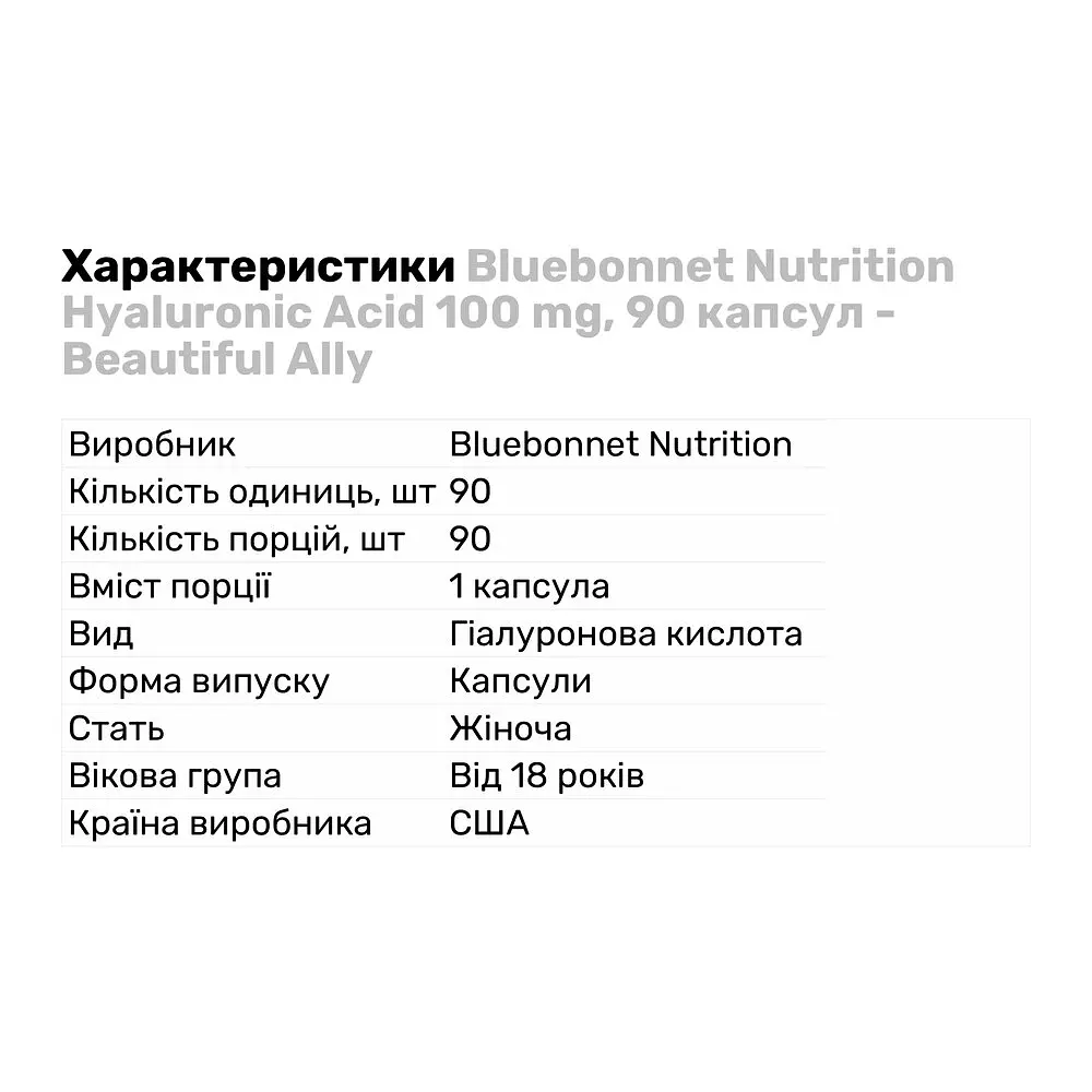 Препарат для суглобів і зв'язок Bluebonnet Nutrition Beautiful Ally Hyaluronic Acid 100 mg, 90 капсул - фото 2