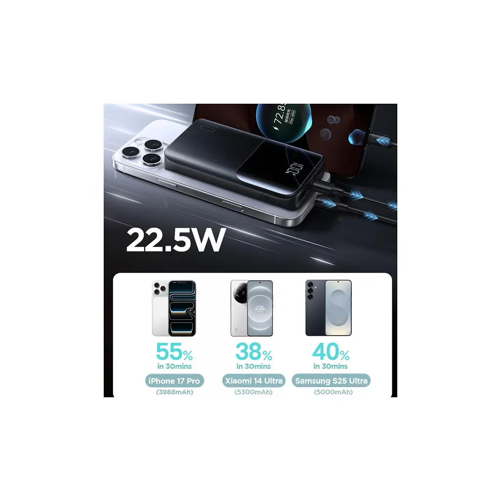 Батарея універсальна JOYROOM 10000mAh 22,5W PD, QC/3.0, 2*USB-A, USB-C In/Out, MicroUSB in, Black (JR-QP191) - фото 7