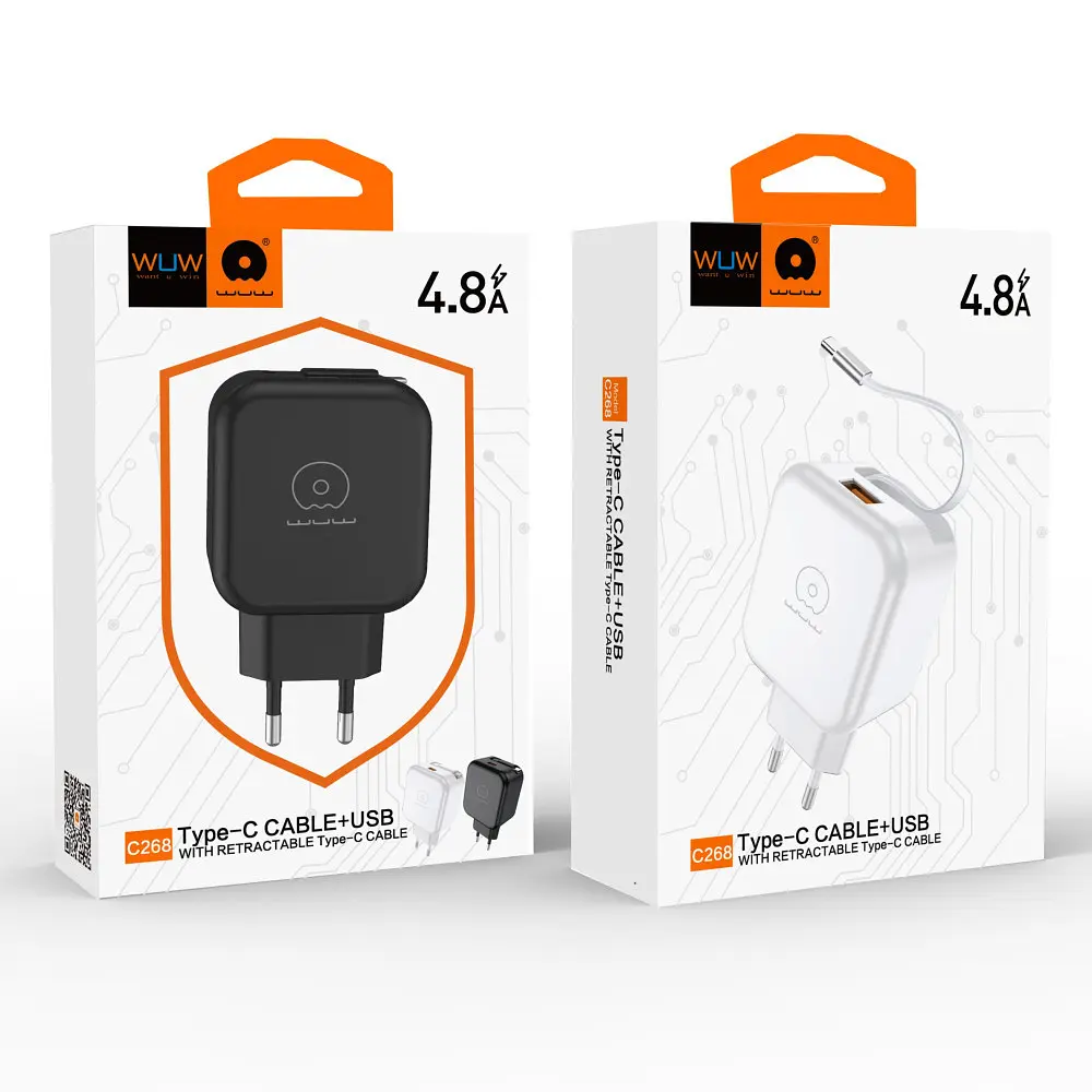 Мережевий зарядний пристрій з кабелем WUW-C268 12W fast charger USB A +retractable 70cm type c Cable - фото 2