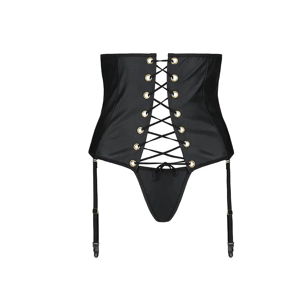 Пояс-корсет з екошкіри Passion CELINE SET XXL/XXXL, black шнурівка, знімні пажі для панчіх, стрінги - фото 5