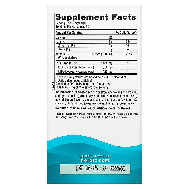 Екстра Омега-3 Nordic Naturals Ultimate Omega Xtra 1000 мг 60 капс лимон - фото 3