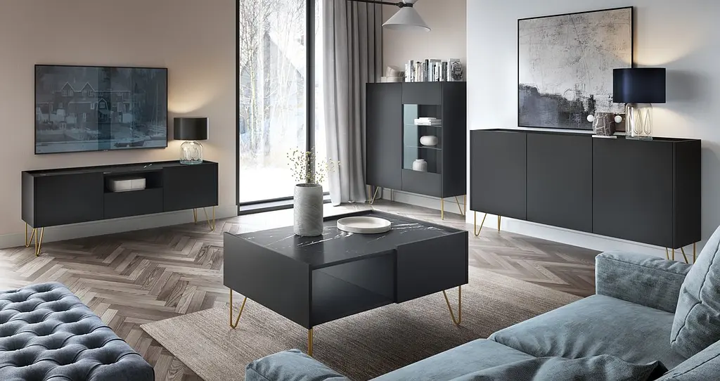 Тумба под телевизор Perfect Home Гармоны / Harmony 1-дверная с 2 ящиками и золотыми ножками RTV144 Черный/черный мрамор роял (PFH-091179) - фото 6