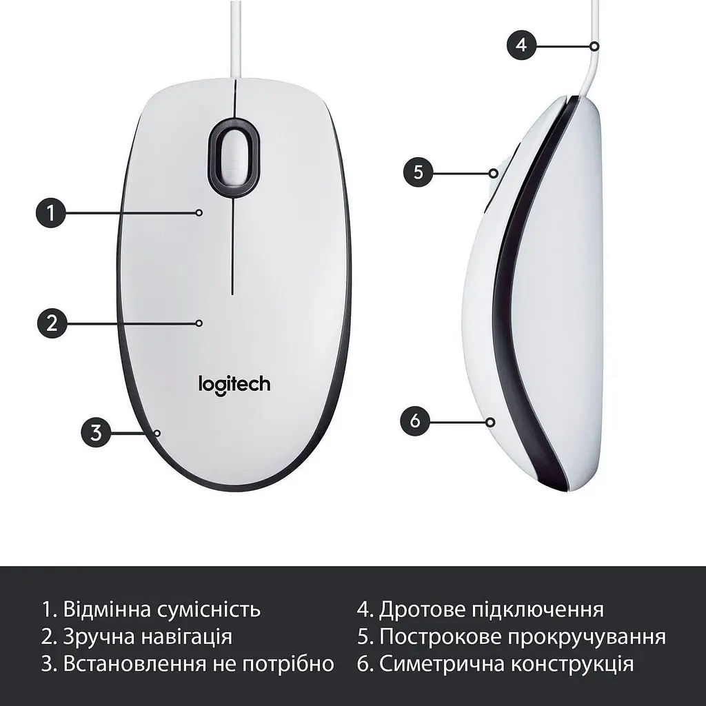 Миша Logitech M100 USB White (910-006764) - фото 3