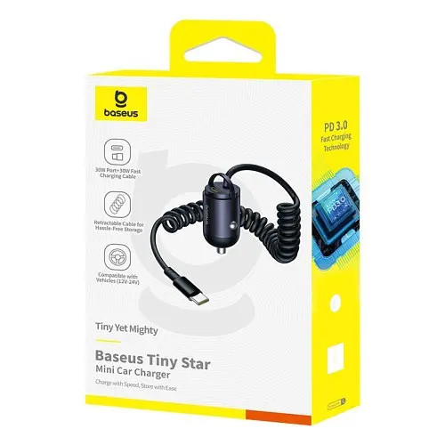 Автомобільний зарядний пристрій Baseus Tiny Star Mini Car Charger (C+C Cable Included) 30W чорний C00035001121-00 - фото 2