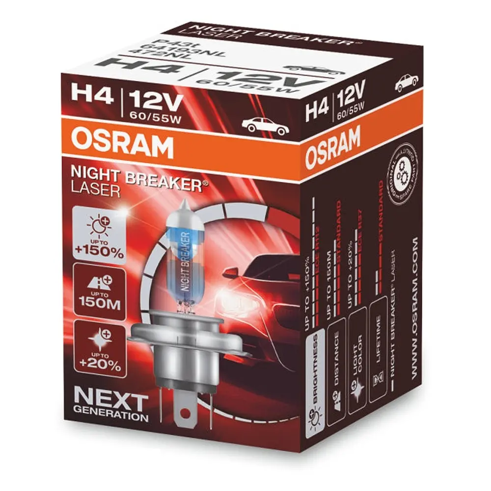 Галогенова лампа OSRAM H4 64193NL Night Breaker LASER NG +150% 60/55W P43T 12V 1шт - фото 2