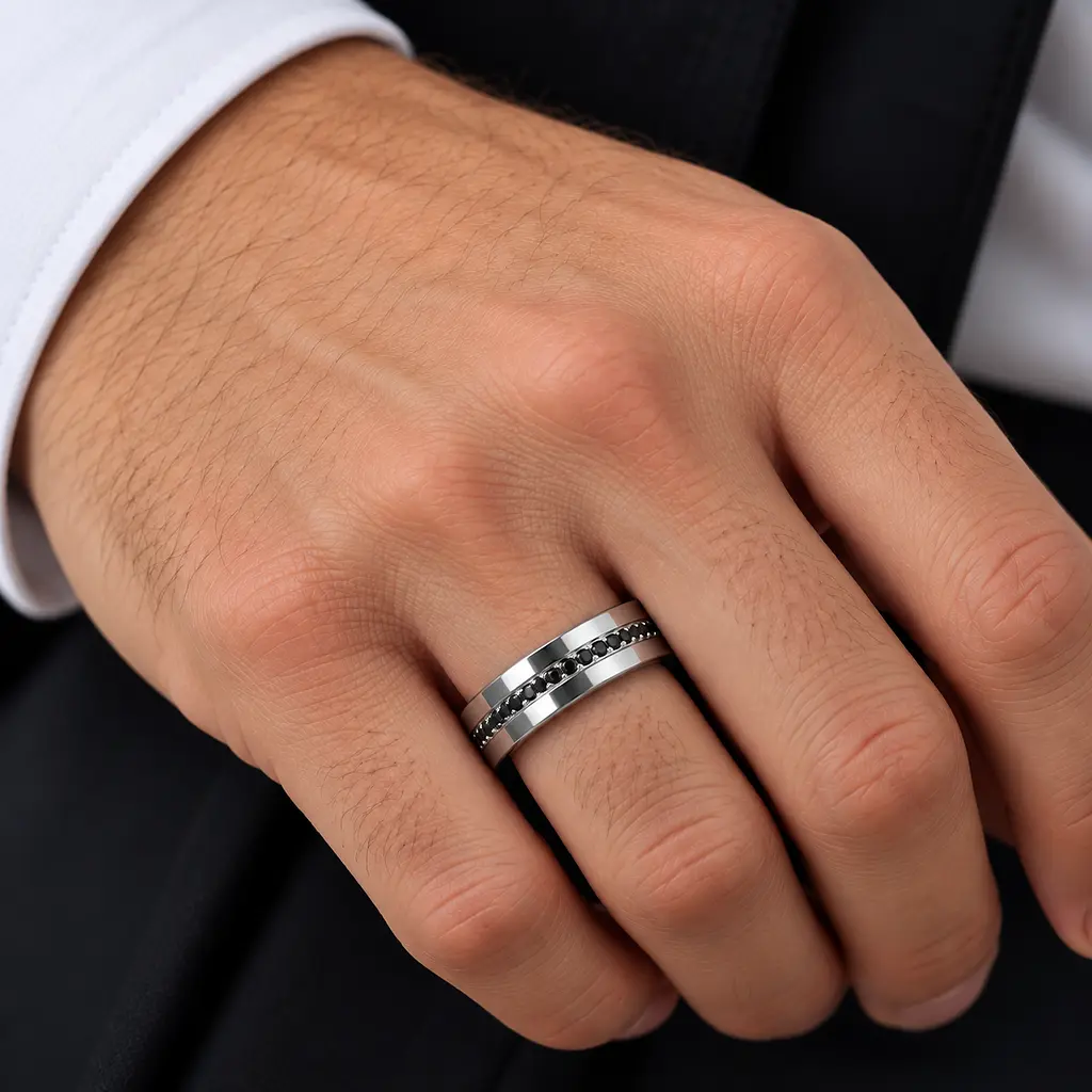 Чоловіча обручка Jewellery Continent з білого золота з чорними діамантами 15 (К-0913) - фото 3