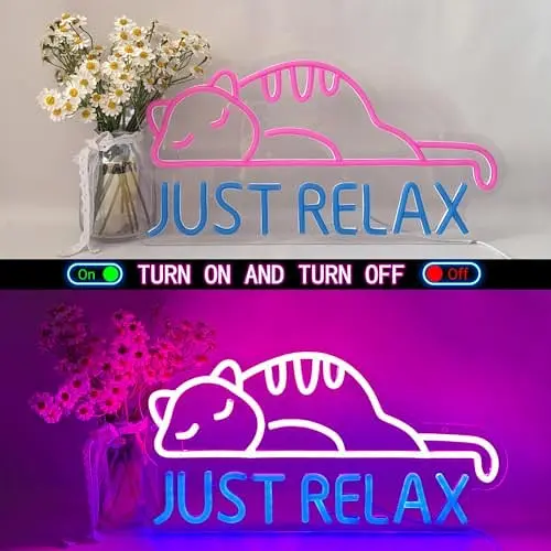 Неоновые вывески Cat Led Neon Sign Just Relax Words Розовая синяя светодиодная вывеска Cat-розовый синий - фото 4