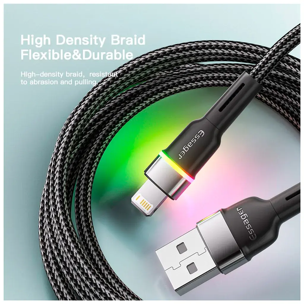 Дата кабель USB 2.0 AM to Lightning 2.0m 2.4A LED black Essager (EXCL-XCDA01) - фото 3