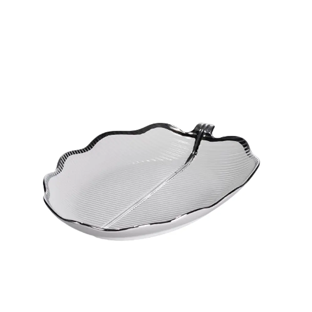 Фарфоровое блюдо для подачи блюд и закусок Листок с черным ободком 2 секции 35.5 см. Серебристый Yiwu ML6046 - фото 3