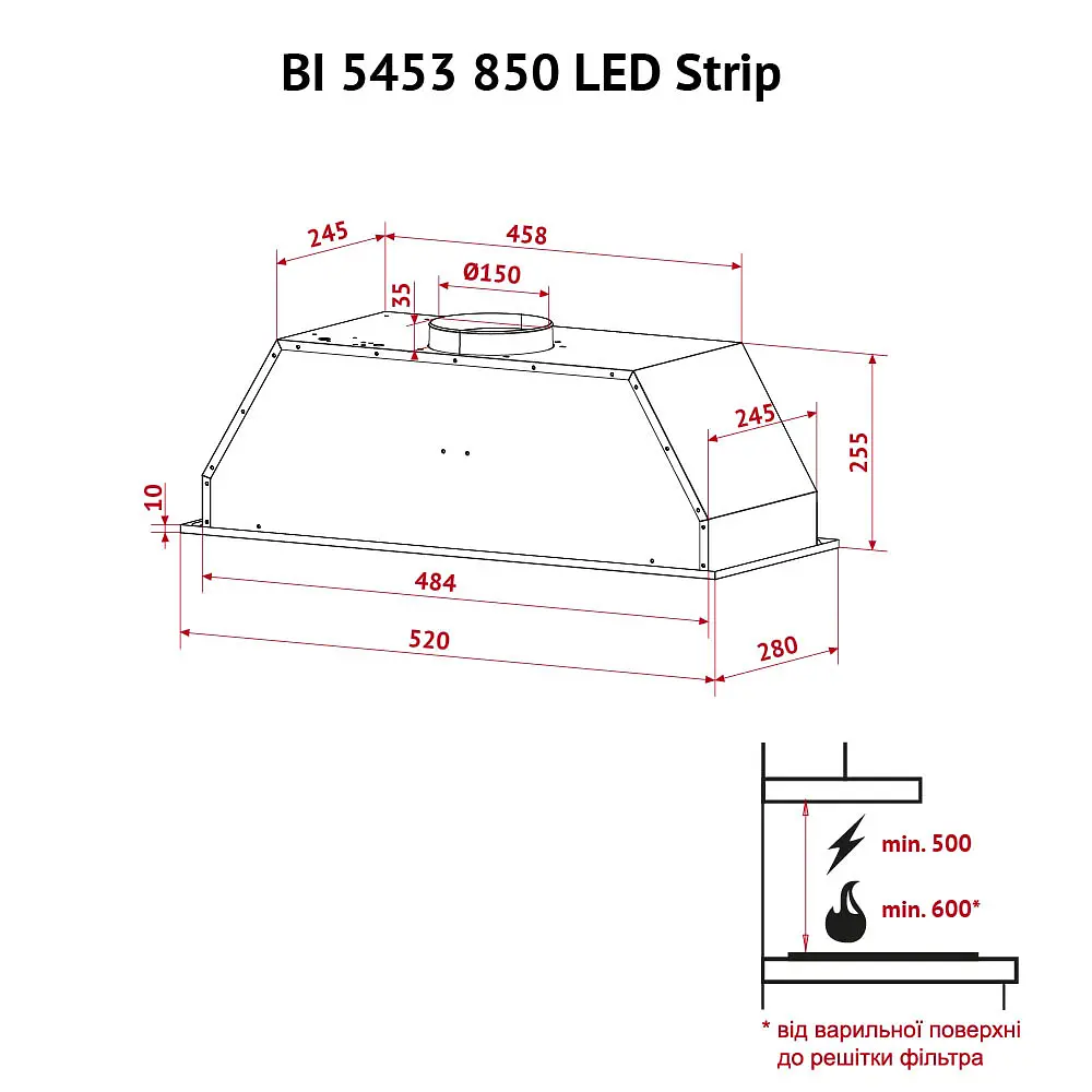 Витяжка повновбудована PERFELLI BI 5453 I 850 LED Strip - фото 12