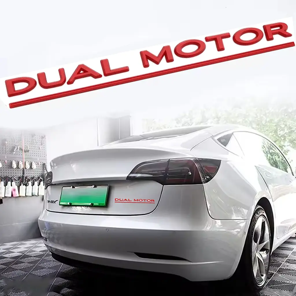 Емблема напис DUAL MOTOR для Tesla Червона Червона лінія Пластик на скотчі (Завод) - фото 2