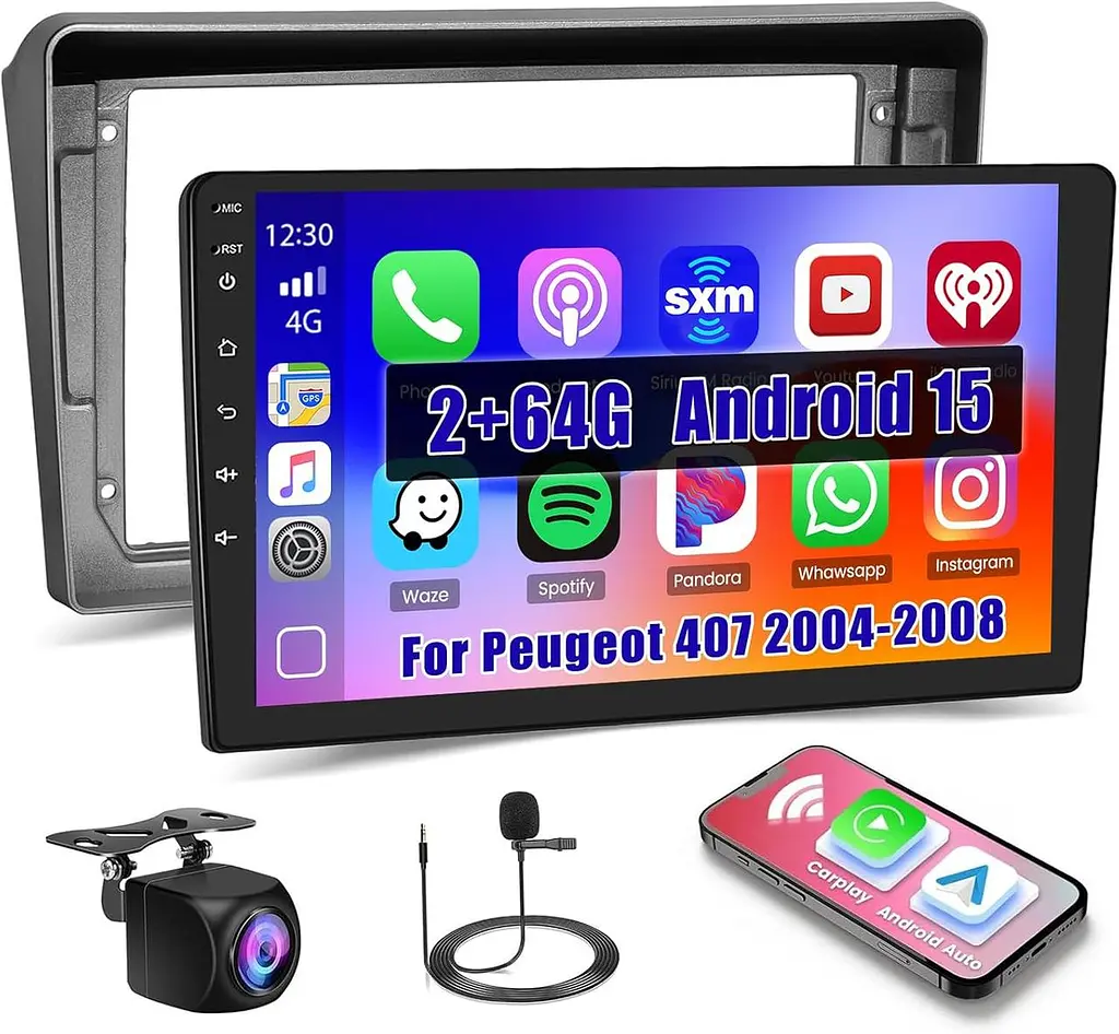 Автомагнітола Android 15 2/64GB 9" для Peugeot 407 з CarPlay