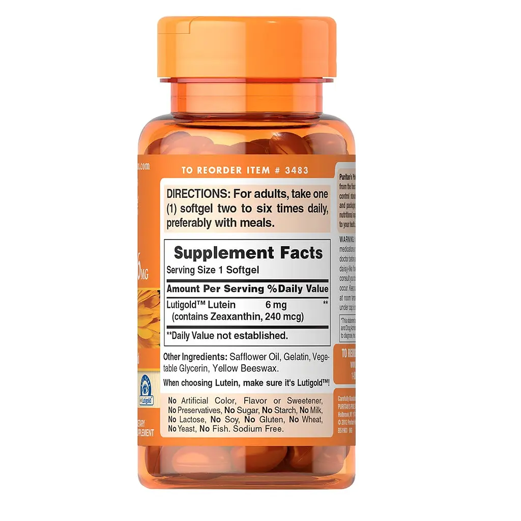 Натуральная добавка Puritan's Pride Lutein 6 mg with Zeaxanthin, 200 капсул - фото 2