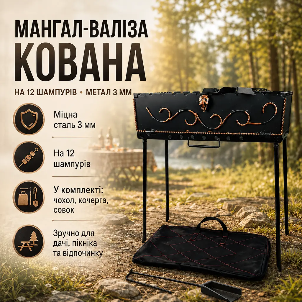 Туристичний мангал-валіза з кованими елементами в комплекті з чохлом, кочергою та совком 12 шампурів, 3 мм. - фото 2