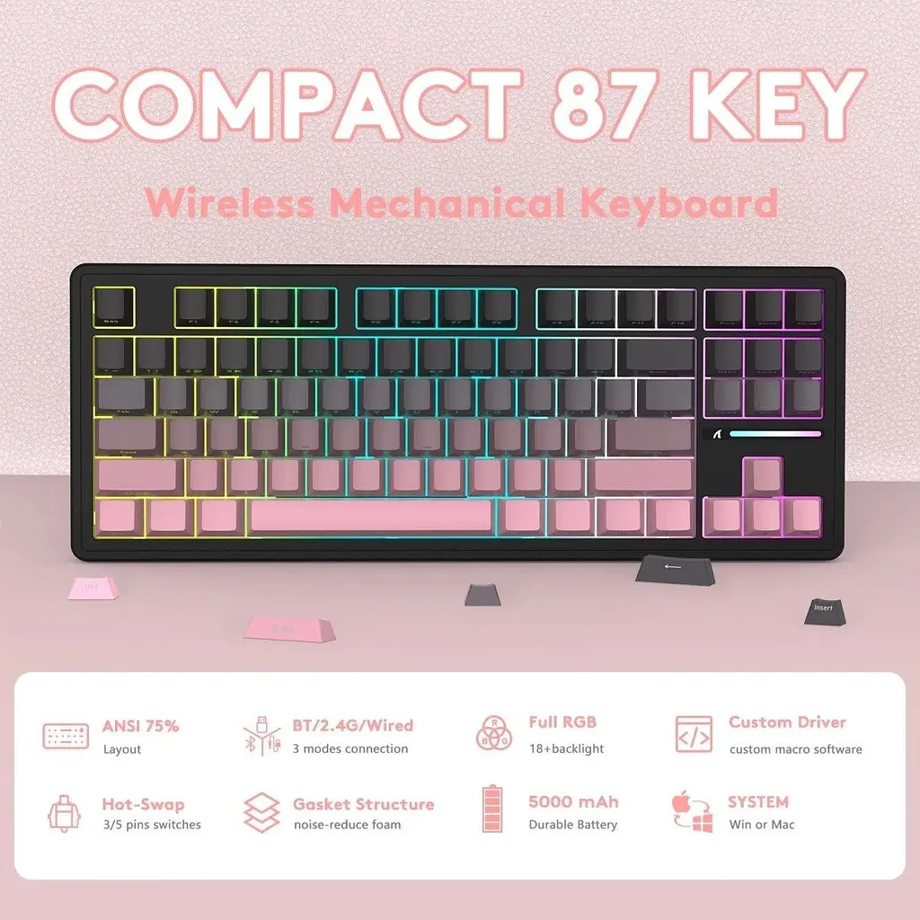 Клавіатура Attack Shark M87 Pro V2 RGB Linear White Jade Switch Wireless (AS-6972792470467-B) Gradient Pink (G-000003997) - фото 6