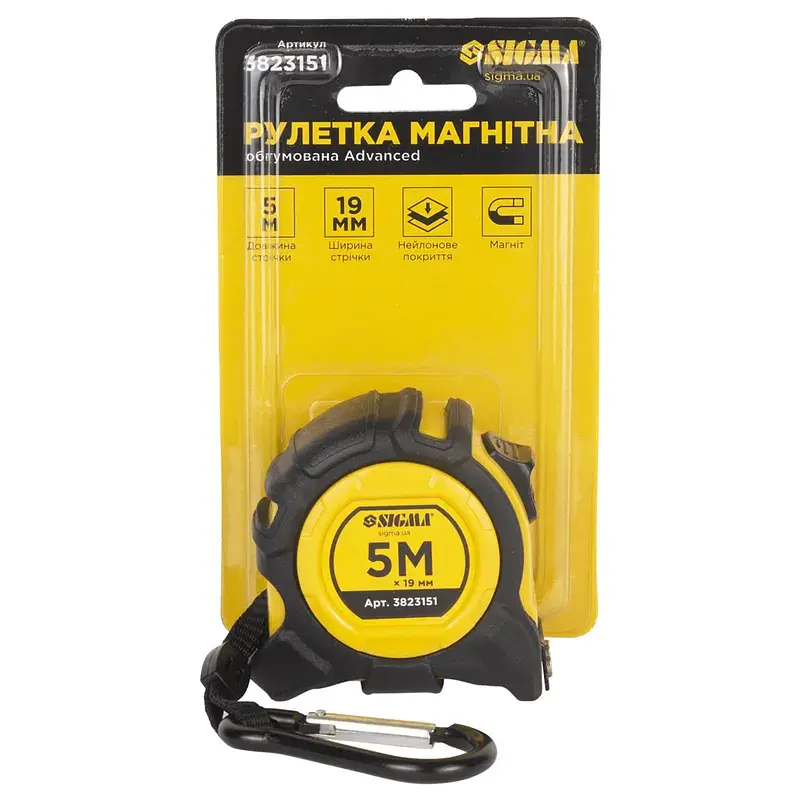 Рулетка магнітна обгумована Advanced нейлонове покриття 5м×19мм SIGMA (3823151) - фото 8