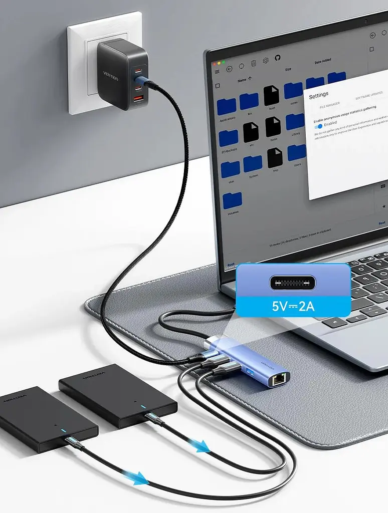 Хаб USB 3.0 -> 3xUSB 3.0/RJ45/USB-C Hub Синій Aluminum Alloy 5-in-1 Vention - фото 7