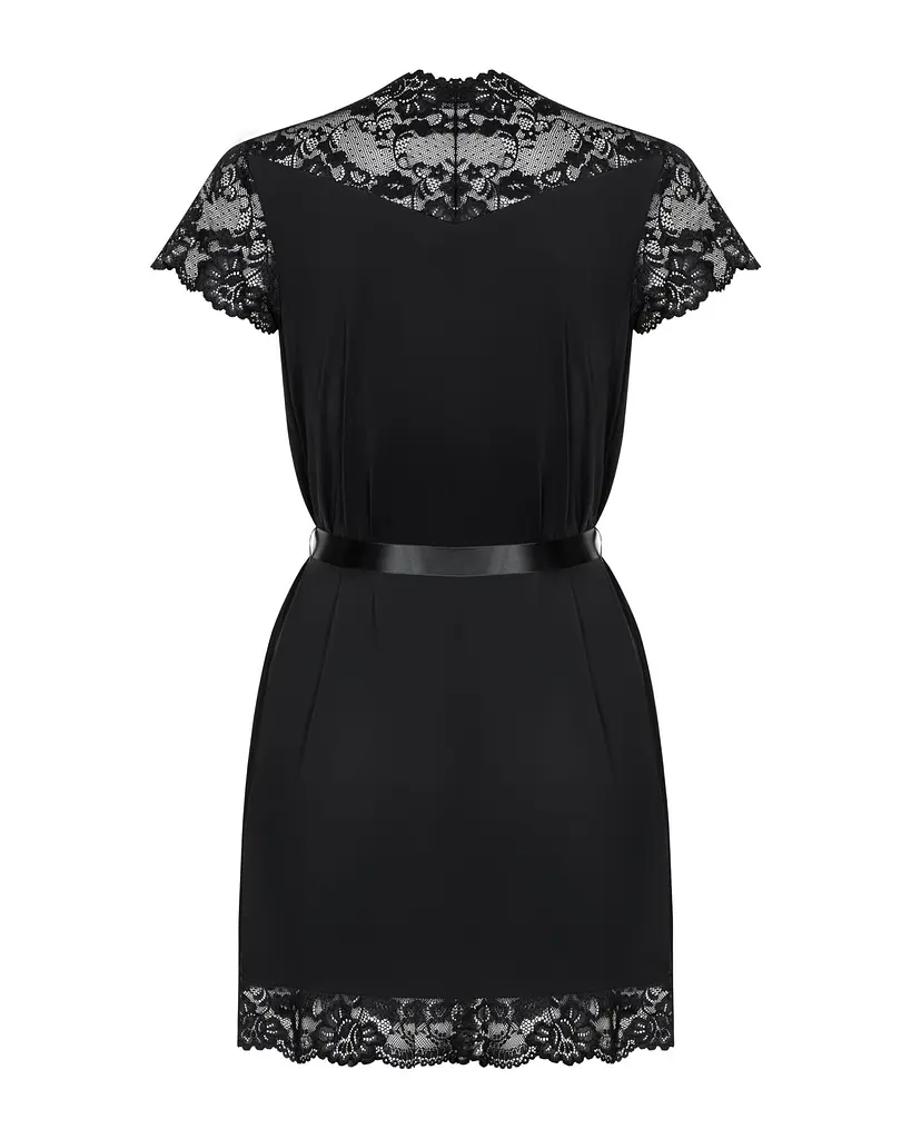Сатиновий відкритий пеньюар на поясі Obsessive 810-PEI–1 peignoir black L/XL, чорний - фото 6