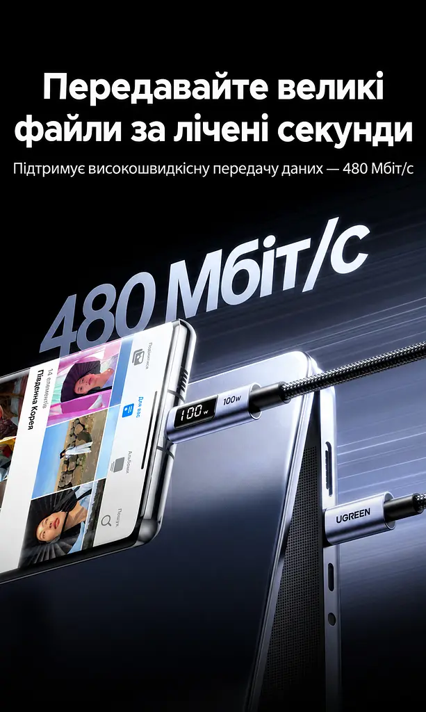 Кабель UGREEN L529 USB-C - USB-C PD 100 Вт з дисплеєм 2 м чорно-сірий (65863) - фото 6