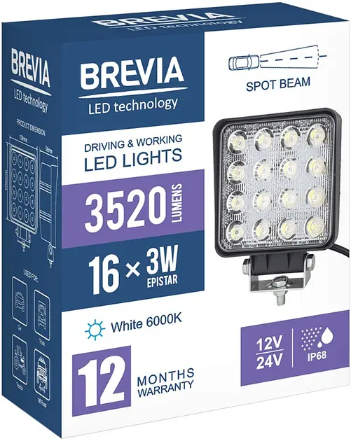 LED фара Brevia Sport Далеке світло 10-30V 48W (16x3W) 3520Lm Алюмінієвий корпус IP68 (10652QSX1) - фото 7