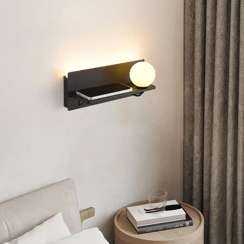 Видовжене чорне бра з плафоном, поличкою та USB 30х13 см Line F Арт. WB028/300 BK - фото 2