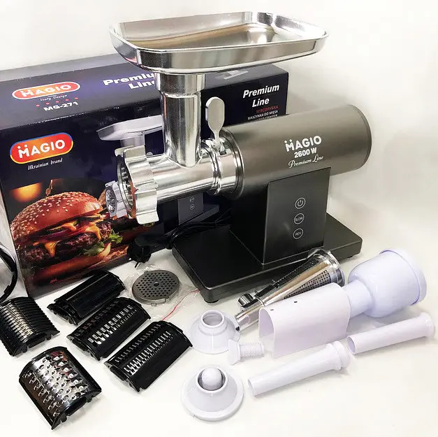 Електрична м'ясорубка з реверсом Magio МG-271 м'ясорубка 3 в 1 соковитискач, овочерізка Сірий 2600 Вт - фото 2