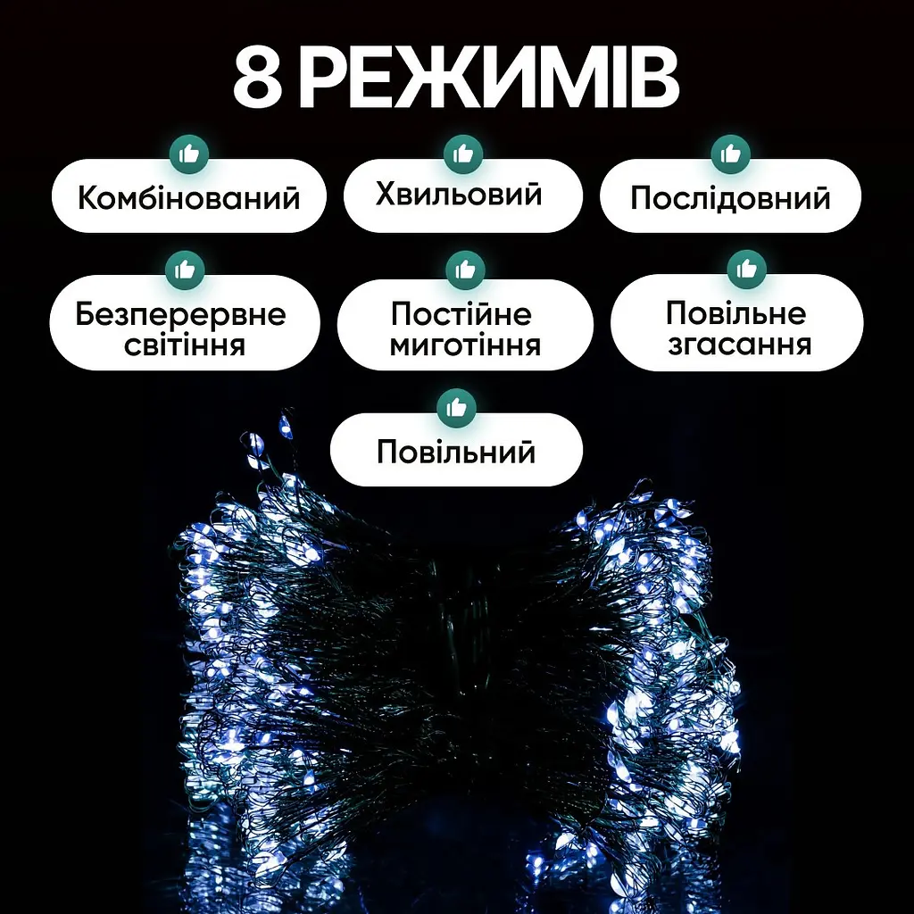 Гірлянда Кінський хвіст Мішура 640 LED 16 ниток 2 м зелена, білий GarlandoPro D640L2MGW - фото 4