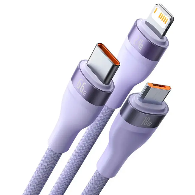 Кабель Baseus Flash Series Ⅱ 3-in-1 Cable USB to MicroUSB+Lightning+Type-C 66W 1.2m CASS040005 Purple - фото 2