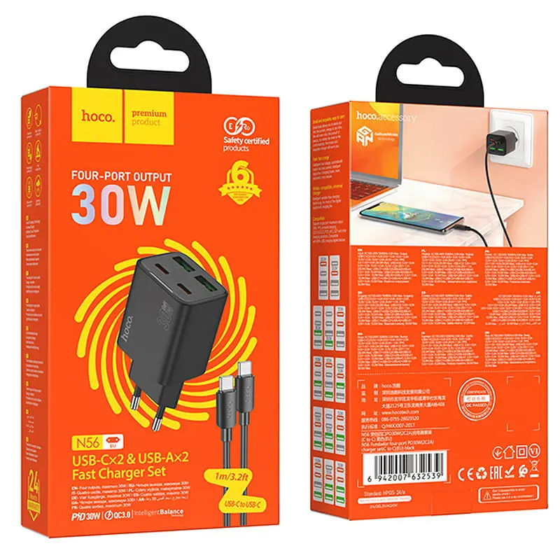 СЗУ Hoco N56 Fundador PD30W four-port (2USB-A/2C) + кабель Type-C to Type-C - фото 6