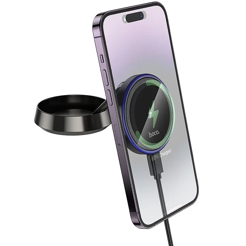 Автотримач для телефону з БЗП HOCO HW33 Metal ring magnetic wireless - фото 3