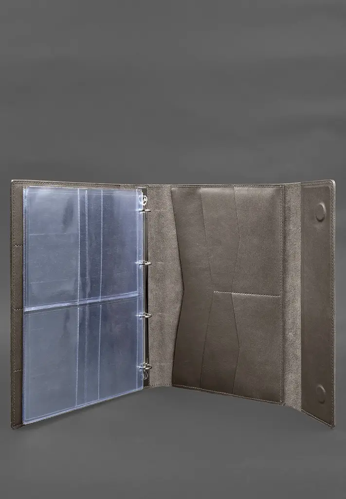 Кожаная папка для документов "Семейная" А4 на сегрегаторе с файлами темно-бежевая - фото 4