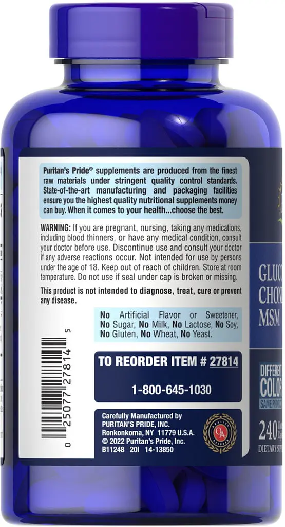 Препарат для суглобів і зв'язок Puritan's Pride Chondroitin Glucosamine MSM 3 Per Day Formula, 240 каплет - фото 3