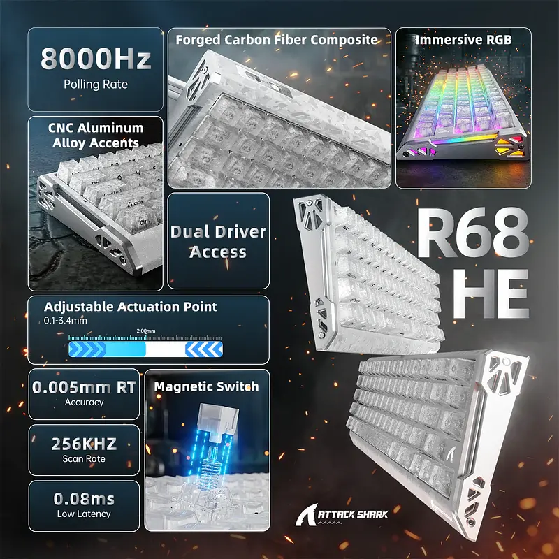 Игровая магнитная клавиатура ATTACK SHARK R68 HE / Проводное подключение / Magnetic Switch / White - фото 2
