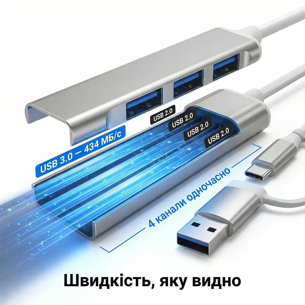 Алюмінієвий USB-хаб 4 порти 1×USB 3.0 + 3×USB 2.0 з підключенням Type-A і Type-C - фото 9