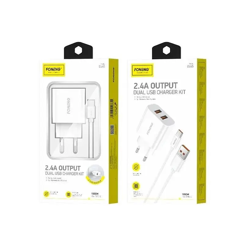 Мережевий зарядний пристрій Foneng EU45 Dual USB Charger (2USBх2.4A) Білий (EU45-CH-TC) + кабель USB Type C - фото 2