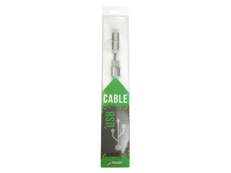 Кабель PowerPlant Quick Charge 2A 2-в-1 cotton USB 2.0 AM – Lightning/Micro 1м grey (KD00AS1289) - фото 2