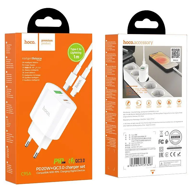 Мережевий зарядний пристрій Hoco C95A Lineal PD20W+QC3.0 + Cable USB-C to Lightning White [757326] [76051] - фото 9
