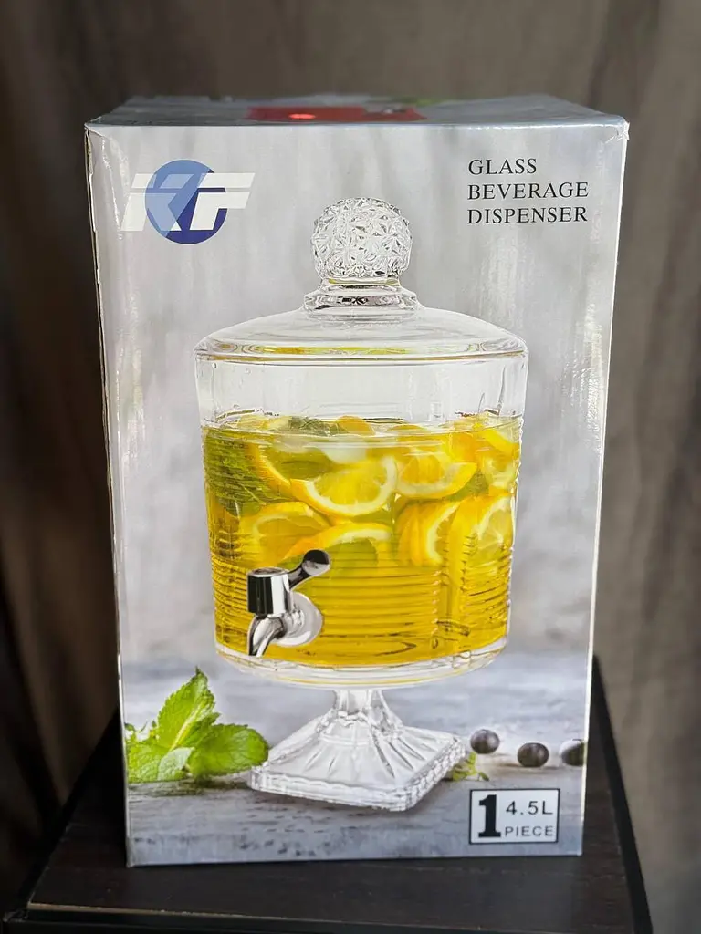 Диспенсер для напитков стеклянный на ножке с крышкой и краном KENKO KF3045-3, декоративный стеклянный лимонадник, емкость для сока - фото 9