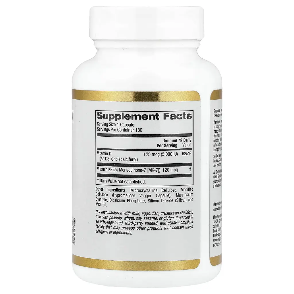 Вітамін D3+K2 California Gold Nutrition Vitamin D3 + K2, 180 вегетаріанських капсул - фото 2