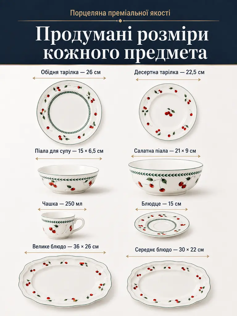 Столовий сервіз із порцеляни 33 предмети на 6 персон білий з вишнями (37261980) - фото 6