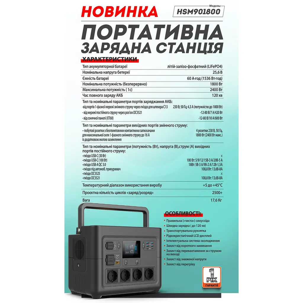 Портативна зарядна станція 1800 Вт Sturmax HSM901800 - фото 2