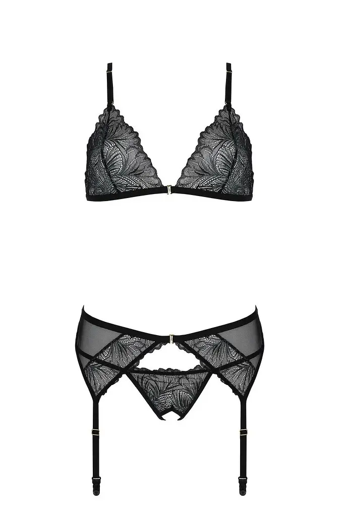 Комплект з відкритим доступом Passion DELIENA Set XXL/XXXL black ліф стрінги пояс для панчох - фото 3