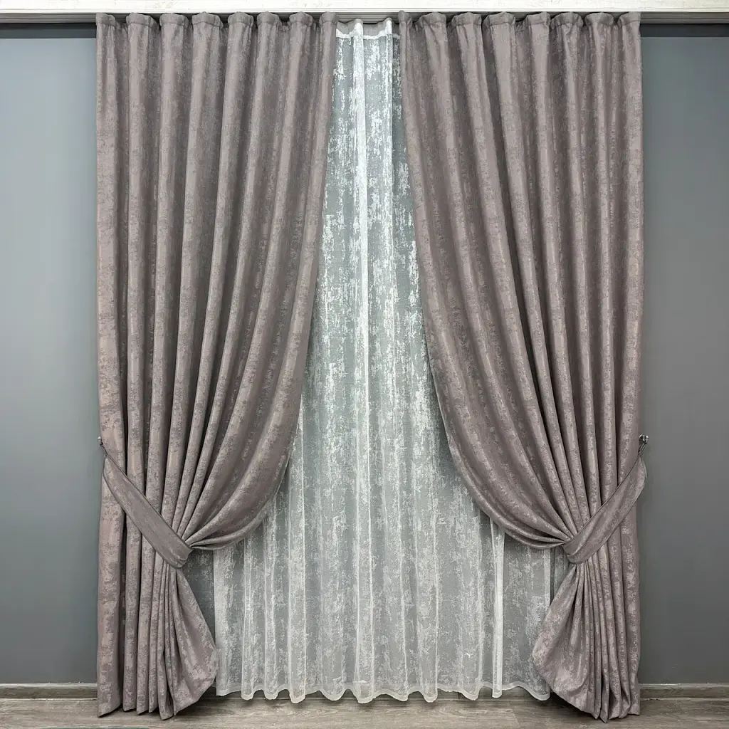 Комплект штор з тюлем VR-Textil Жакард Мармур, сіро-пудровий з білим, 2 штори 150×270 см + тюль 500×270 см, арт. 71-007/4