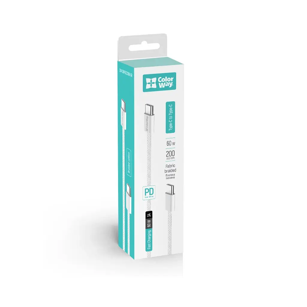 Дата кабель USB-C to USB-C 2.0m (braided cotton) (PD Fast Charging 60W) 3.0А grey ColorWay (CW-CBPDCC068-GR) - фото 8