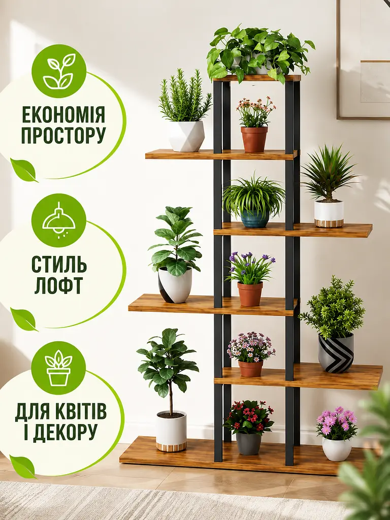 Стелаж для рослин на 6 рівнів 147×56×24 см у стилі лофт (49676089) - фото 2