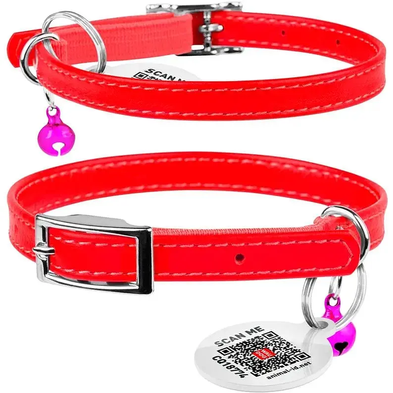 Ошейник для кошек Waudog Glamour кожаный с эластичной вставкой и QR паспортом 17-20х0.9 см красный - фото 3