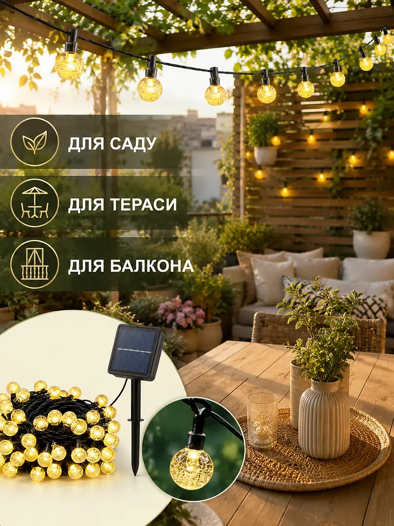 Гірлянда Кульки 50 LED вулична на сонячній батареї тепле жовте світло IP65 (49675993) - фото 4