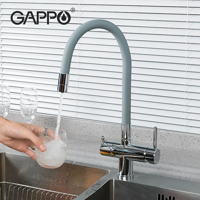 Смеситель для кухни на две воды Gappo G4398-30 с гибким изливом, серый/хром, Серый - фото 2