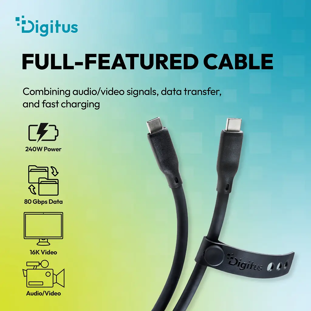 Кабель Digitus USB-C > USB-C заряджання/синхронізації, USB4 2.0, 80G, 240W, 16K, силіконовий, 1м, чорний - фото 4