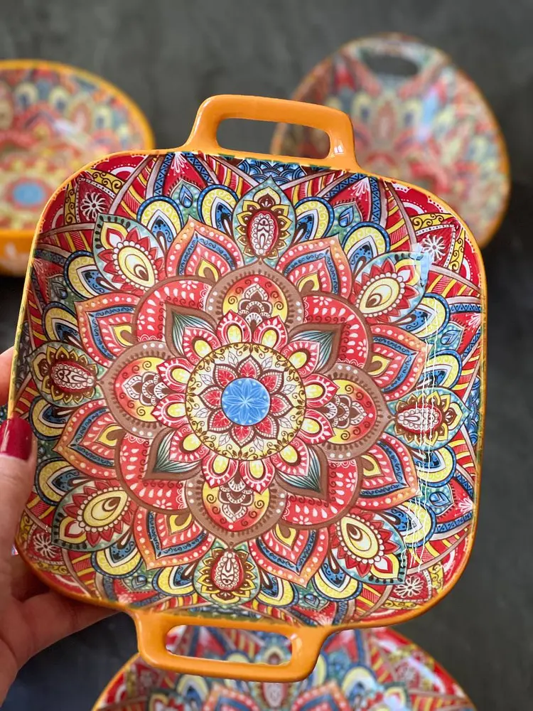 Салатник кераміка з ручками 23x18.5x4 см Мальований жовтий - фото 2